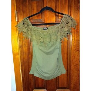 Soho Lady Olive Green Off Shoulder Lace Trim Tunic Top Women